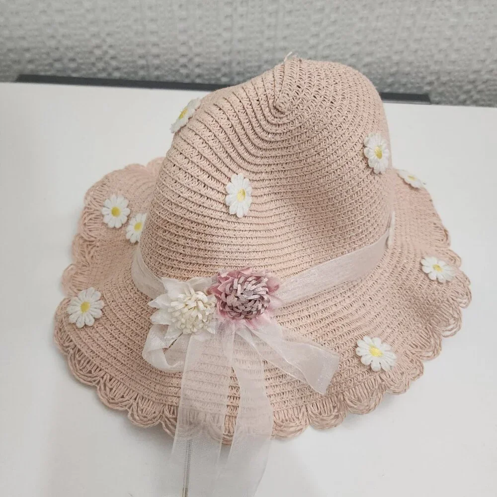 Vintage Blush Straw Sun Hat Floral Appliqué Ribbon Cottagecore Light Pink - Picture 8 of 9